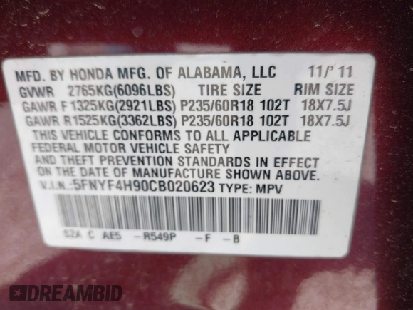 2012 Honda Pilot Touring with VIN 5FNYF4H90CB020623, listed as a IAAI auction lot 42048740 with 162,504 mi miles. Bid and sale history available at carsss.com. Image 9.