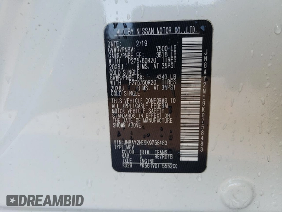 2019 Nissan Armada Platinum with VIN JN8AY2NE9K9758483, listed as a Copart auction lot 42636495 with 43,952 mi miles and Salvage Title. Bid and sale history available at carsss.com. Image 13.
