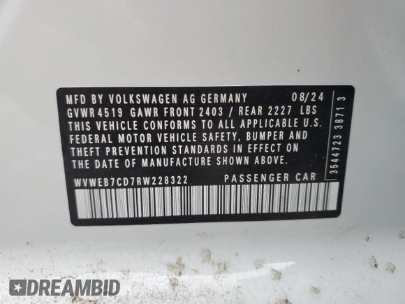 2024 Volkswagen Golf z VIN WVWEB7CD7RW228322, wystawiony jako Copart lot #53322685 z przebiegiem 119 mil mil oraz Szkoda całkowita • Salvage title. Historia ofert i sprzedaży dostępna na DreamBid. Obrazek 13.