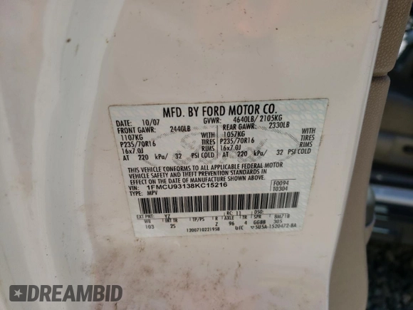 2008 Ford Escape XLT with VIN 1FMCU93138KC15216, listed as a Copart auction lot 61756845 with 192,999 mi miles and Clean title. Bid and sale history available at DreamBid. Image 13.
