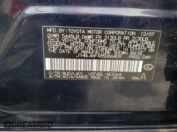 2008 Lexus LS 460 с VIN JTHBL46FX85066409, выставлен на аукционе Copart как лот 52006585 с пробегом 263 534 миль миль и Чистый • Clean title. История ставок и продаж доступна на DreamBid. Изображение 12.