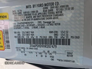 2017 Ford Fusion SE with VIN 3FA6P0HD9HR287479, listed as a IAAI auction lot 42792225 with 79,240 mi miles and . Bid and sale history available at DreamBid. Image 18.