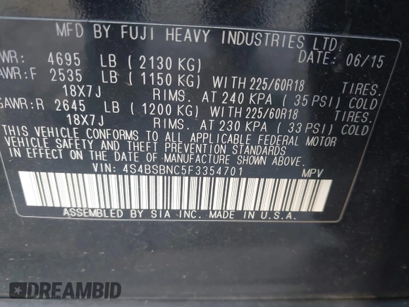 2015 Subaru Outback Limited with VIN 4S4BSBNC5F3354701, listed as a IAAI auction lot 42006950 with 181,661 mi miles and . Bid and sale history available at DreamBid. Image 9.