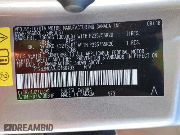 2018 Lexus RX with VIN 2T2BZMCA3JC166493, listed as a Copart auction lot 65587952 with 35,389 mi miles. Bid and sale history available at carsss.com. Image 12.