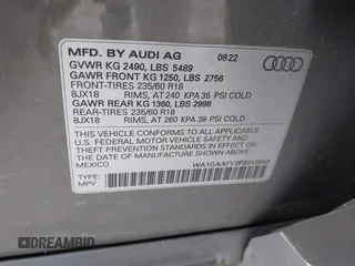 2023 Audi Q5 S line Premium with VIN WA1GAAFY2P2013050, listed as a IAAI auction lot 42208300 with 22,218 mi miles and . Bid and sale history available at DreamBid. Image 9.
