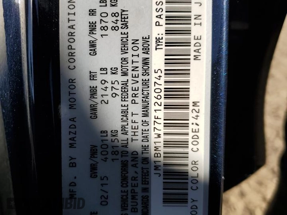 2015 Mazda 3 i Grand Touring with VIN JM1BM1W77F1260745, listed as a Copart auction lot 85544524 with 116,303 mi miles and Salvage title. Bid and sale history available at DreamBid. Image 14.
