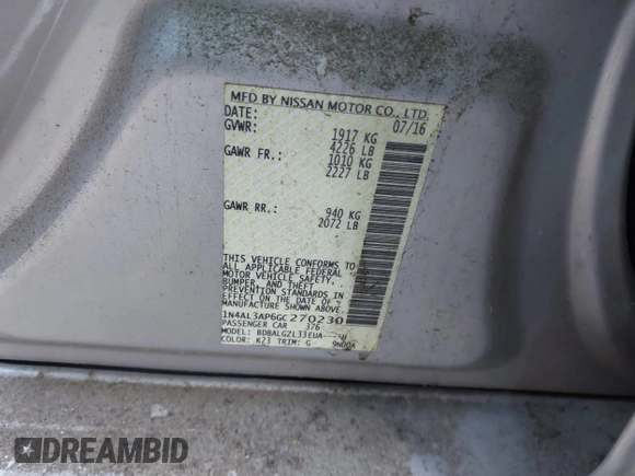 2016 Nissan Altima SL with VIN 1N4AL3AP6GC270230, listed as a IAAI auction lot 42211085 with 118,703 mi miles and . Bid and sale history available at carsss.com. Image 9.
