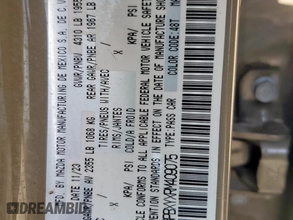 2024 Mazda 3 Carbon Edition with VIN 3MZBPBXYXRM409075, listed as a Copart auction lot 59189265 with 23,114 mi miles and Salvage title. Bid and sale history available at DreamBid. Image 12.