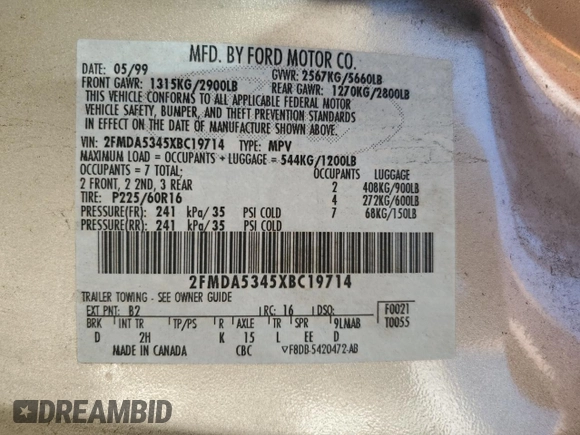 1999 Ford Windstar SEL with VIN 2FMDA5345XBC19714, listed as a Copart auction lot 75992874 with Not provided miles and Salvage title. Bid and sale history available at DreamBid. Image 15.
