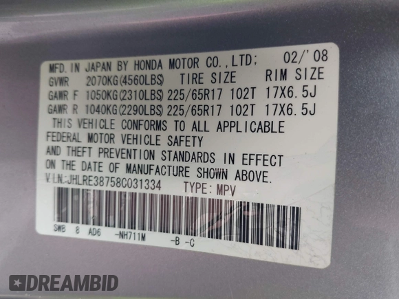 2008 Honda CR-V EX-L with VIN JHLRE38758C031334, listed as a IAAI auction lot 42017270 with 210,511 mi miles and . Bid and sale history available at carsss.com. Image 9.