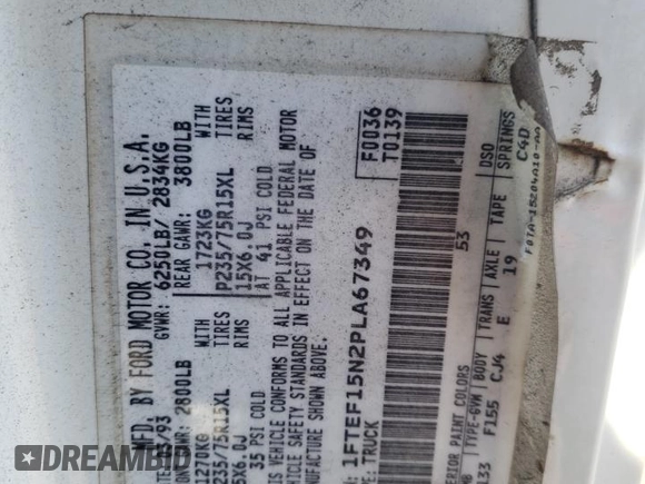 1993 Ford F-150 с VIN 1FTEF15N2PLA67349, выставлен на аукционе Copart как лот 52508365 с пробегом Не указан миль и Списание • Salvage title. История ставок и продаж доступна на DreamBid. Изображение 14.