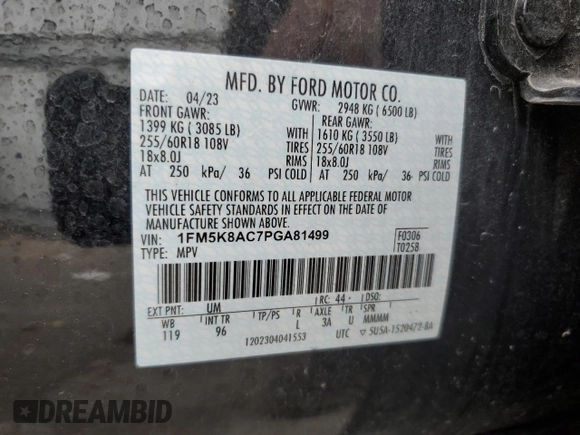 2023 Ford Explorer with VIN 1FM5K8AC7PGA81499, listed as a Copart auction lot 76470164 with 11,509 mi miles and Salvage title. Bid and sale history available at DreamBid. Image 13.