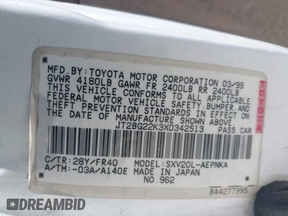 1999 Toyota Camry LE z VIN JT2BG22K3X0342513, wystawiony jako IAAI lot #42371033 z przebiegiem 159 894 mil mil oraz . Historia ofert i sprzedaży dostępna na DreamBid. Obrazek 9.
