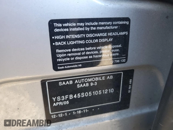 2005 Saab 9-3 Linear z VIN YS3FB45S051051210, wystawiony jako Copart lot #77770894 z przebiegiem 163 055 mil mil oraz Szkoda całkowita • Salvage title. Historia ofert i sprzedaży dostępna na DreamBid. Obrazek 12.