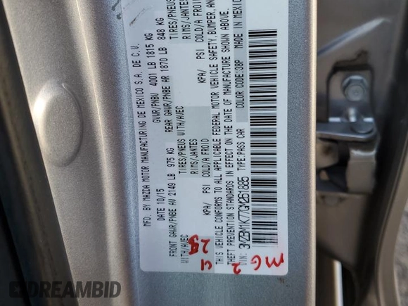 2016 Mazda 3 i Sport with VIN 3MZBM1K77GM261885, listed as a Copart auction lot 47854805 with 94,994 mi miles and Salvage Title. Bid and sale history available at DreamBid. Image 14.