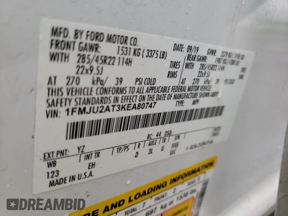2019 Ford Expedition Limited with VIN 1FMJU2AT3KEA80747, listed as a Copart auction lot 58213875 with 64,494 mi miles and Salvage title. Bid and sale history available at DreamBid. Image 13.