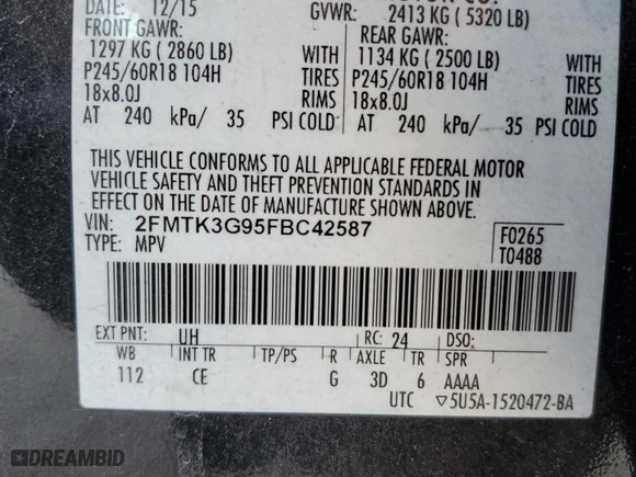 2015 Ford Edge SE with VIN 2FMTK3G95FBC42587, listed as a Copart auction lot 41877175 with 95,353 mi miles and Salvage Title. Bid and sale history available at carsss.com. Image 13.