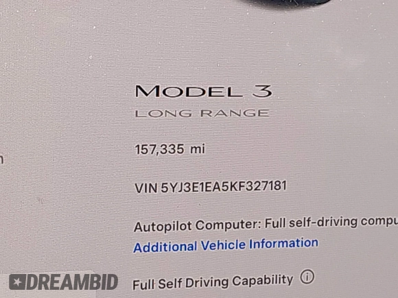 2019 Tesla Model 3 Mid Range with VIN 5YJ3E1EA5KF327181, listed as a IAAI auction lot 41860943 with 157,335 mi miles and . Bid and sale history available at DreamBid. Image 15.