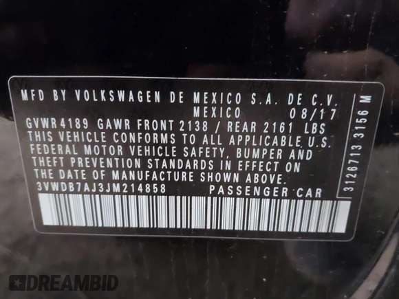 2018 Volkswagen Jetta SE with VIN 3VWDB7AJ3JM214858, listed as a IAAI auction lot 42151137 with 100,346 mi miles and . Bid and sale history available at DreamBid. Image 9.
