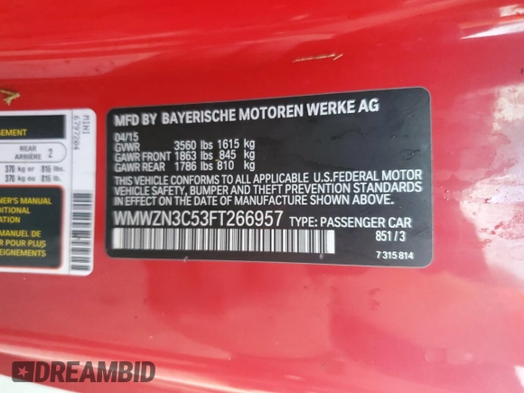 2015 MINI Convertible с VIN WMWZN3C53FT266957, выставлен на аукционе Copart как лот 74564094 с пробегом Не указан миль и На запчасти • Non repairable. История ставок и продаж доступна на DreamBid. Изображение 13.