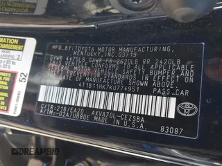 2019 Toyota Camry LE z VIN 4T1B11HK7KU774951, wystawiony jako IAAI lot #41349009 z przebiegiem 189 711 mil mil oraz . Historia ofert i sprzedaży dostępna na DreamBid. Obrazek 9.