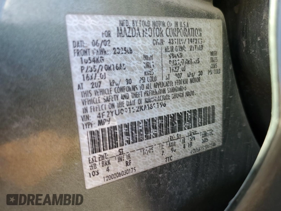 2002 Mazda Tribute LX with VIN 4F2YU09122KM62196, listed as a Copart auction lot 77327034 with 256,385 mi miles and Salvage Title. Bid and sale history available at carsss.com. Image 14.