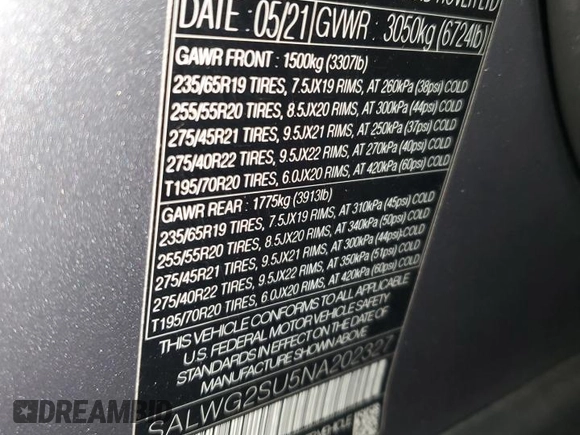 2022 Land Rover Range Rover Sport SE with VIN SALWG2SU5NA202327, listed as a Copart auction lot 48006885 with 0 mi miles and Salvage Title. Bid and sale history available at carsss.com. Image 13.