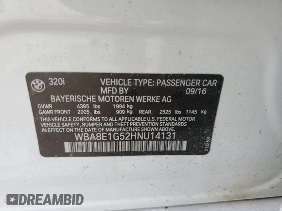 2017 BMW 3 Series 320i with VIN WBA8E1G52HNU14131, listed as a Copart auction lot 51550645 with 0 mi miles and Clean Title. Bid and sale history available at carsss.com. Image 12.