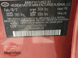 2017 Hyundai Elantra SE z VIN 5NPD74LF1HH194511, wystawiony jako Copart lot #58134895 z przebiegiem 104 128 mil mil oraz Szkoda całkowita • Salvage title. Historia ofert i sprzedaży dostępna na DreamBid. Obrazek 12.