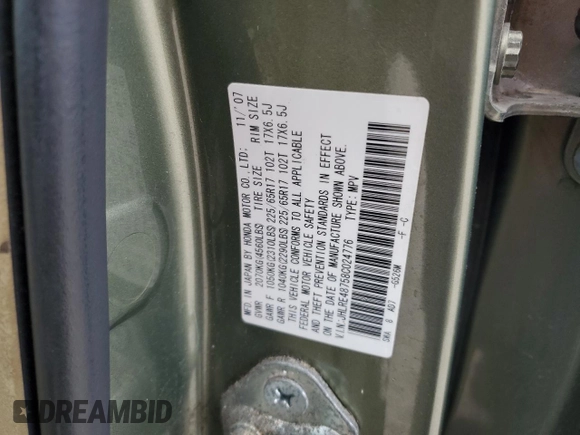 2008 Honda CR-V EX-L with VIN JHLRE48758C024776, listed as a Copart auction lot 55883685 with 202,862 mi miles and Clean Title. Bid and sale history available at DreamBid. Image 13.