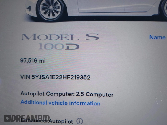 2017 Tesla Model S 100D with VIN 5YJSA1E22HF219352, listed as a IAAI auction lot 41831322 with 97,516 mi miles and . Bid and sale history available at DreamBid. Image 15.