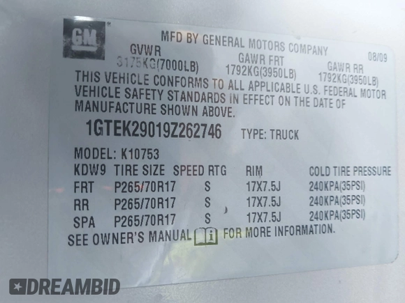 2009 GMC Sierra 1500 SLE z VIN 1GTEK29019Z262746, wystawiony jako IAAI lot #42262860 z przebiegiem 224 892 mil mil oraz . Historia ofert i sprzedaży dostępna na DreamBid. Obrazek 9.