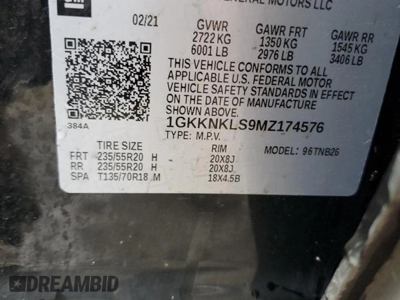 2021 GMC Acadia SLE with VIN 1GKKNKLS9MZ174576, listed as a Copart auction lot 44531895 with 59,140 mi miles and Salvage Title. Bid and sale history available at DreamBid. Image 14.