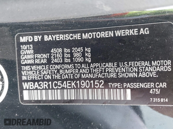 2014 BMW 4 Series 435i with VIN WBA3R1C54EK190152, listed as a IAAI auction lot 41528408 with 176,195 mi miles and . Bid and sale history available at DreamBid. Image 9.