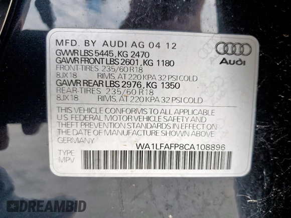 2012 Audi Q5 Premium Plus with VIN WA1LFAFP8CA108896, listed as a Copart auction lot 60795205 with 137,872 mi miles and Clean title. Bid and sale history available at DreamBid. Image 13.