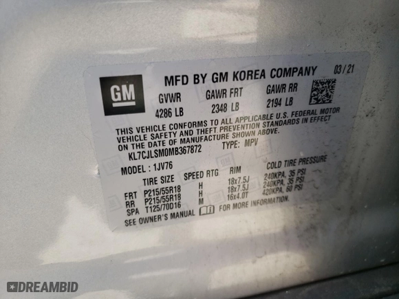 2021 Chevrolet Trax LT with VIN KL7CJLSM0MB367872, listed as a Copart auction lot 57724154 with 61,582 mi miles and Salvage Title. Bid and sale history available at carsss.com. Image 15.