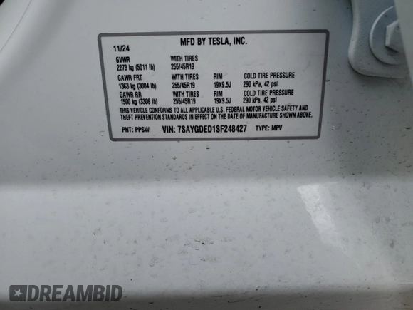2025 Tesla Model Y Long Range with VIN 7SAYGDED1SF248427, listed as a Copart auction lot 43988825 with 1,891 mi miles and Salvage Title. Bid and sale history available at DreamBid. Image 14.