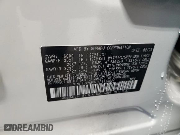 2023 Subaru Ascent Touring with VIN 4S4WMAWD6P3423524, listed as a Copart auction lot 41418475 with 16,573 mi miles and Salvage title. Bid and sale history available at DreamBid. Image 14.
