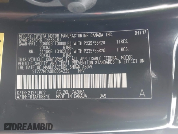 2017 Lexus RX 350 with VIN 2T2ZZMCA9HC054239, listed as a IAAI auction lot 42449544 with 49,472 mi miles and . Bid and sale history available at DreamBid. Image 9.