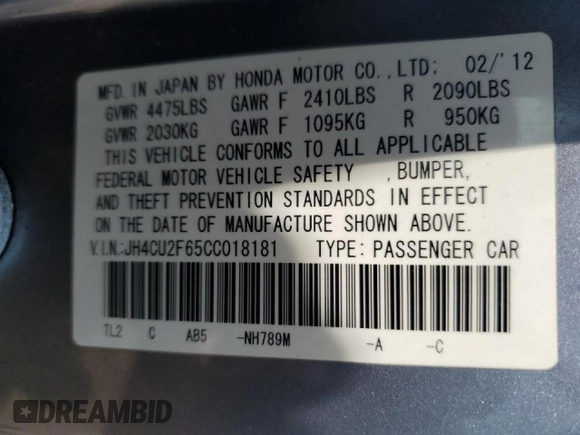 2012 Acura TSX Technology z VIN JH4CU2F65CC018181, wystawiony jako Copart lot #56700965 z przebiegiem 166 048 mil mil oraz Szkoda całkowita • Salvage title. Historia ofert i sprzedaży dostępna na DreamBid. Obrazek 12.