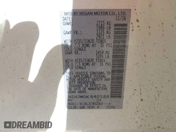 2017 Nissan Pathfinder SV with VIN 5N1DR2MN5HC640588, listed as a IAAI auction lot 41503014 with 89,481 mi miles and . Bid and sale history available at DreamBid. Image 9.