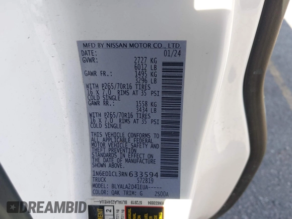 2024 Nissan Frontier S with VIN 1N6ED1CL3RN633594, listed as a IAAI auction lot 41743400 with 23,166 mi miles and . Bid and sale history available at DreamBid. Image 9.