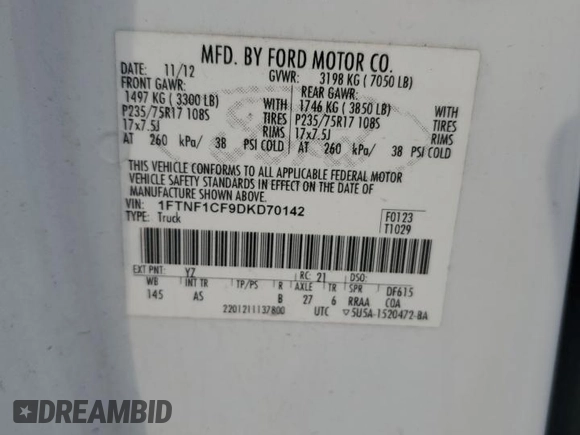 2013 Ford F-150 XL с VIN 1FTNF1CF9DKD70142, выставлен на аукционе Copart как лот 48891475 с пробегом 254 597 миль миль и Списание • Salvage title. История ставок и продаж доступна на DreamBid. Изображение 12.