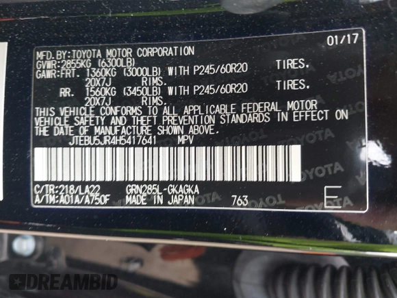 2017 Toyota 4Runner SR5 z VIN JTEBU5JR4H5417641, wystawiony jako IAAI lot #42226462 z przebiegiem 77 779 mil mil oraz . Historia ofert i sprzedaży dostępna na DreamBid. Obrazek 9.