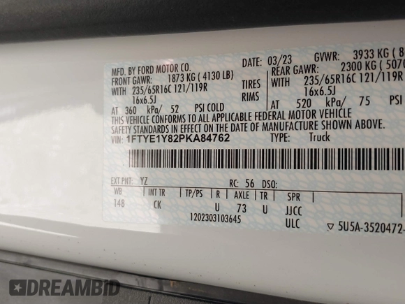 2023 Ford Transit Cargo with VIN 1FTYE1Y82PKA84762, listed as a IAAI auction lot 41718720 with 21,029 mi miles and . Bid and sale history available at DreamBid. Image 9.