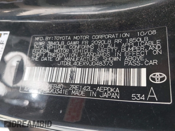 2009 Toyota Corolla with VIN JTDBL40EX9J048373, listed as a IAAI auction lot 41890789 with 191,490 mi miles. Bid and sale history available at carsss.com. Image 9.