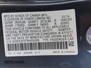 2024 Honda Civic Sport with VIN 2HGFE2F57RH559288, listed as a IAAI auction lot 42206774 with 23,674 mi miles and . Bid and sale history available at DreamBid. Image 9.