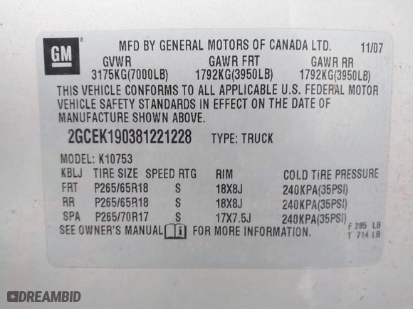 2008 Chevrolet Silverado 1500 LT w/1LT with VIN 2GCEK190381221228, listed as a IAAI auction lot 41046427 with 196,240 mi miles. Bid and sale history available at carsss.com. Image 9.