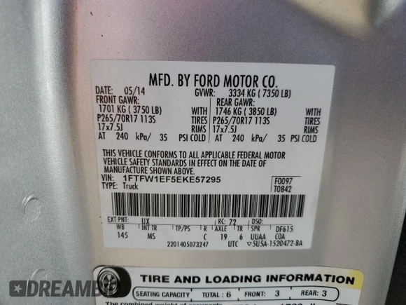 2014 Ford F-150 XL with VIN 1FTFW1EF5EKE57295, listed as a Copart auction lot 61687195 with 123,852 mi miles and Salvage title. Bid and sale history available at DreamBid. Image 12.