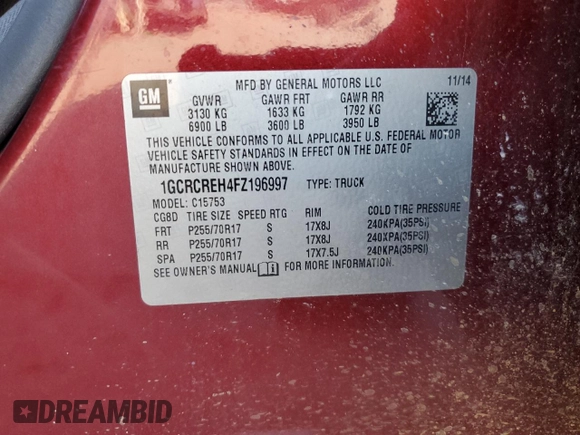 2015 Chevrolet Silverado 1500 LT with VIN 1GCRCREH4FZ196997, listed as a Copart auction lot 63144014 with 194,181 mi miles and Salvage Title. Bid and sale history available at carsss.com. Image 12.